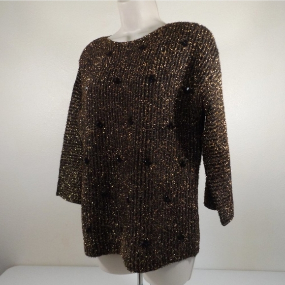 Ruby Rd Embellished Brown and Gold Metallic Pullover Sweater Petite Large - Picture 4 of 12